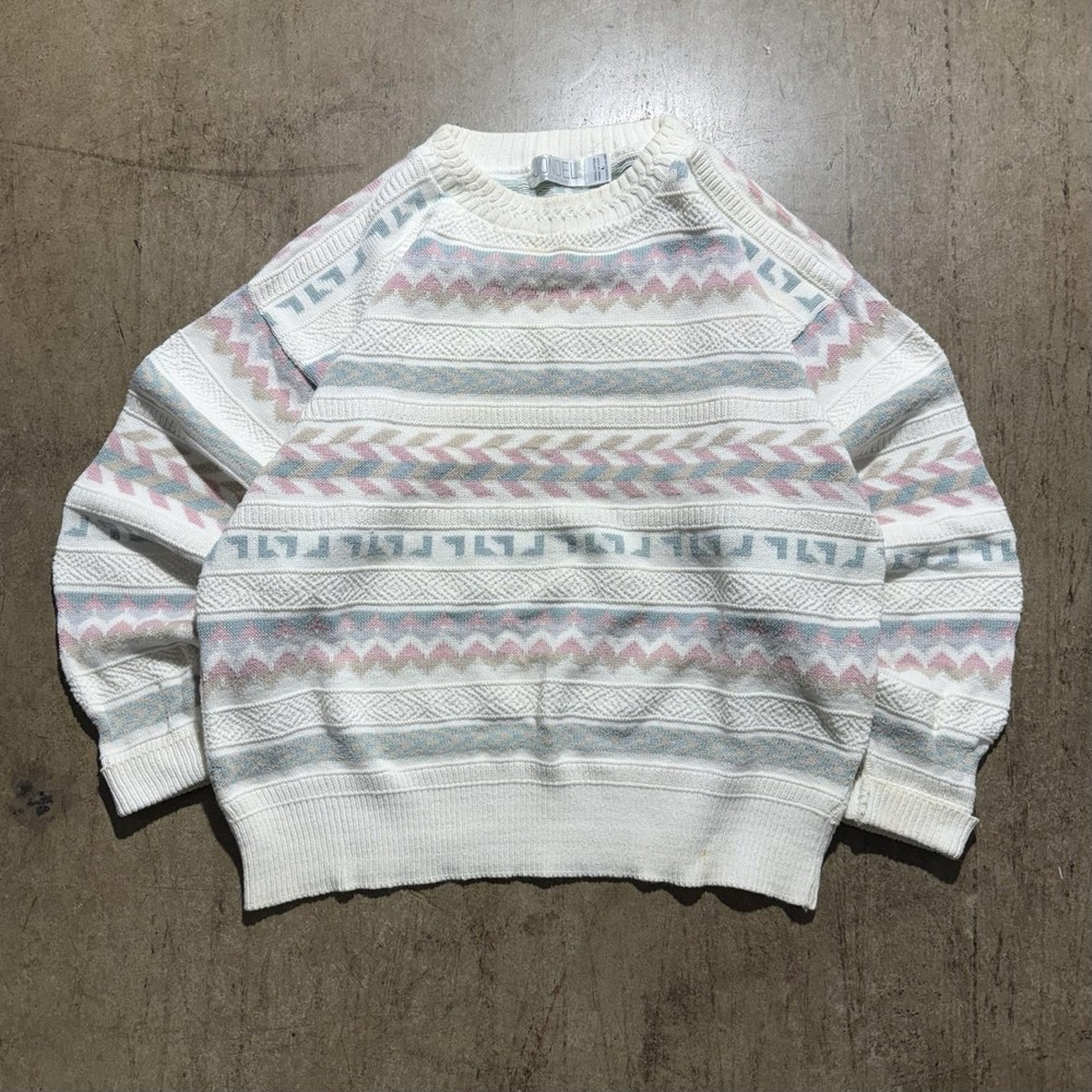Vintage Jondel Sweater Womens Large White Pastel Geometric Knit Pullover USA